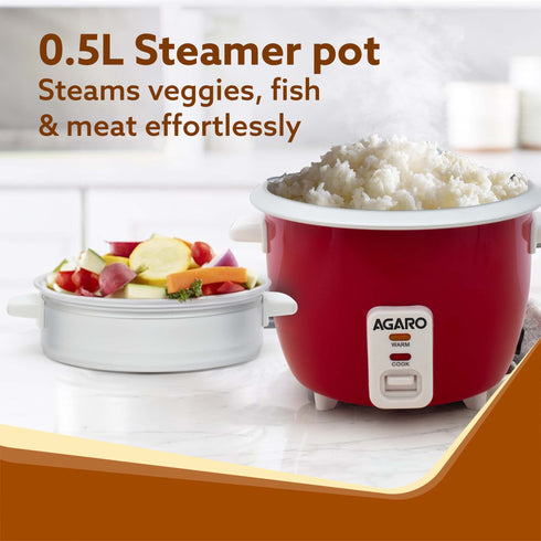 Elegant Electric Rice Cooker, 1L, 400W, Automatic Boiler, Steamer, Removable Aluminium Pot, Stainless Steel Lid, Keep Warm Function, Trivet Plate, Rice, Veggies, Red